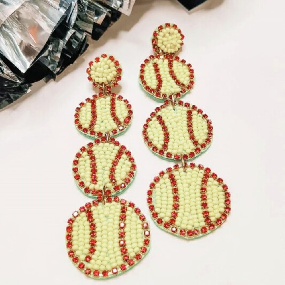 Softball NEW Sporty Rhinestone Bling Seed Beaded 3-Tier Statement Earrings